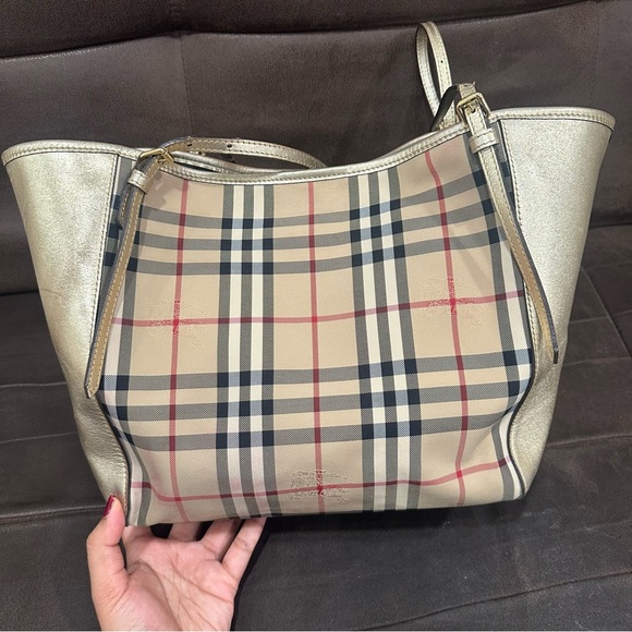 💯 Authentic RARE Burberry Canterbury Horseferry Check Tote Gold Purse Handbag - Picture 7 of 17